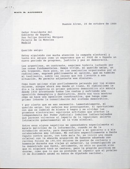 La carta más reveladora del conjunto, de 1989, cuando Alfonsín ya había dejado el poder