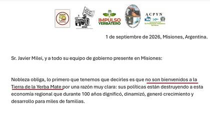 Carta abierta al Presidente publicada por asociaciones de productores yerbateros