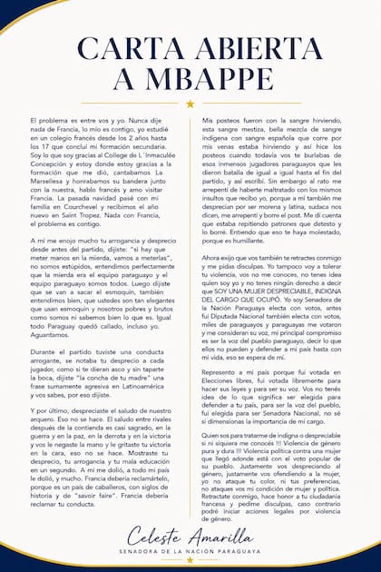 Carta abierta de la senadora paraguaya Celeste Amarilla. Fuente: X