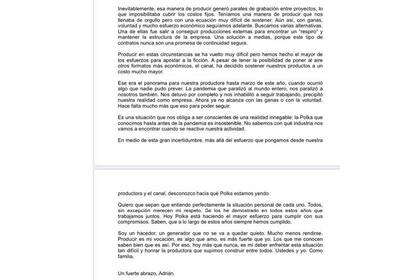 Carta de Adrian Suar a sus empleados