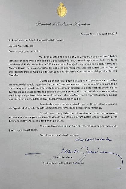 .Carta de Alberto Fernández a Bolivia