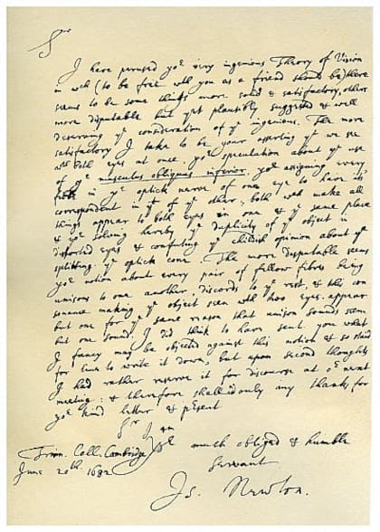 Carta de Isaac Newton a William Briggs, de 1682, en la que elogió su Nueva teoría de la visión pero discrepó de algunas de sus conclusiones.