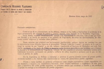 Carta de residentes yugoslavos en la Argentina solicitando la extradición del criminal de guerra Ante Pavelic, en mayo de 1957