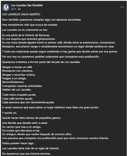 Carta del Bar "Los Laureles" en el que anuncian que, finalmente, la confitería no cierra.