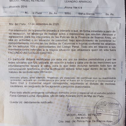 Carta documento enviada por un comisario retirado a Leandro Aparicio, uno de los abogados de la madre de Facundo Astudillo Castro