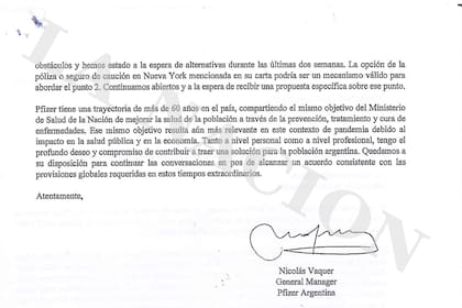 Ultima página de la carta envida por González García al gerente general de Pfizer. Habla de la posibilidad de contratar un seguro en Nueva York.