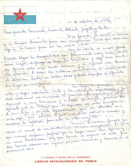 Carta manuscrita enviada por el coronel Larrabure a su familia, desde su cautiverio