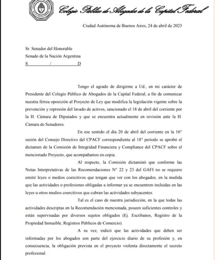 Carta que el Colegio Público de la Ciudad Autónoma de Buenos Aires envió en 2023 al Senado