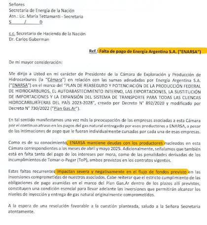 Carta que envió la Cámara de Exploración y Producción de Hidrocarburos (CEPH)