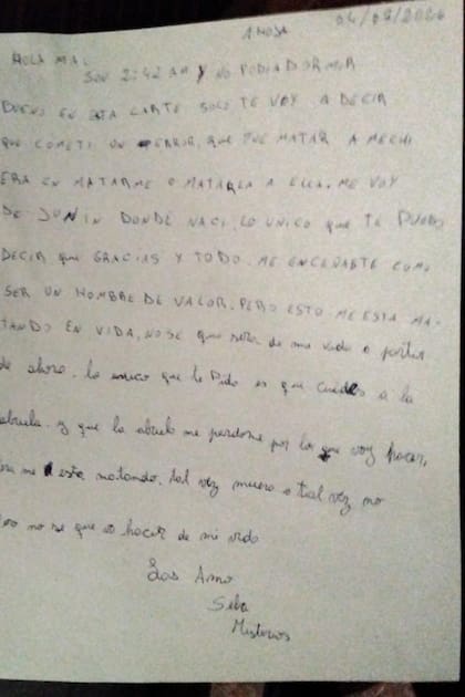Carta que había dejado el femicida de Junin