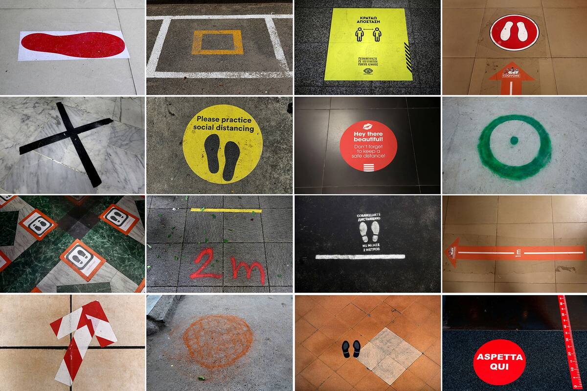 Carteles en todo el mundo para marcar el distanciamiento social por la pandemia de coronavirus
