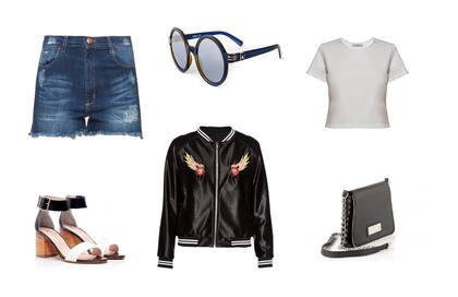 Cartera (Ona Saez, $2190) Top (Sette, $1450) Short (Cher, $1300) Sandalias (Lowe, $3050) Anteojos (Absurda) Campera (Them)