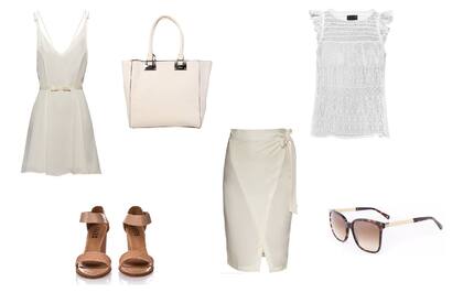 Cartera (Prune, $1490) Pollera (Deleon , $1680) Blusa (Them, $1100) Anteojos (Elizabeth Arden) Vestido ( Las Pepas, $1990 ) Sandalias (Sette)
