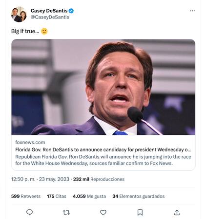 Casey DeSantis también hizo eco sobre el anuncio de la candidatura