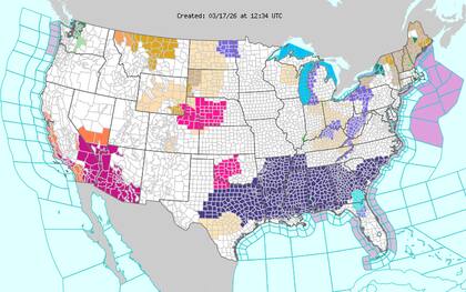 Casi todo Florida y el sur de EE.UU. están bajo alerta por vientos fuertes hoy, según el NWS (Foto: weather.gov / NWS)