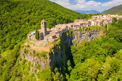 Castellfollit de la Roca. Castle on the rock. Spain. Aerial view