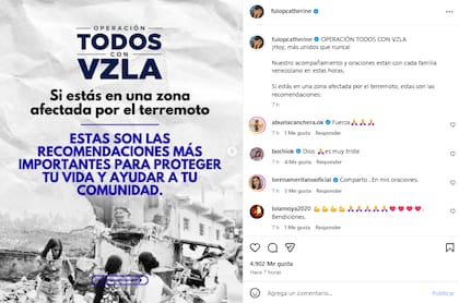 Catherine Fulop usó su cuenta de Instagram para compartir recomendaciones para las personas que se encuentran en una zona afectada de Venezuela (Foto: Instagram @fulopcatherine)