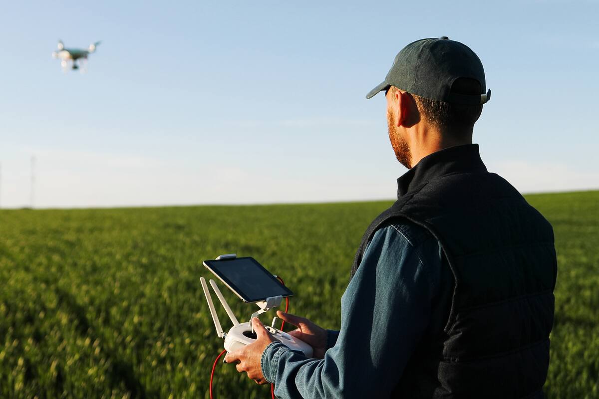 Caucasian man farmer in hat standing in green wheat field and controlling of drone which flying above margin. Male using tablet device as controller. Technologies in farming.