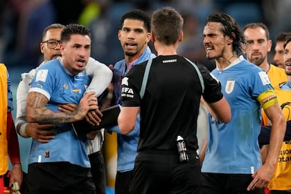 Cavani, sacado, se pelea con el árbitro tras el final de Uruguay-Ghana (AP Photo/Darko Vojinovic)