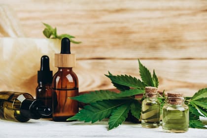 CBD oil in flacons, green cannabis, jade mortar and pestle against wooden wall close-up