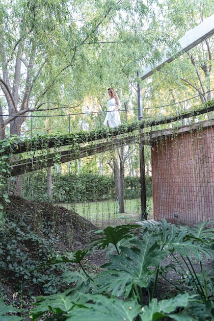 Ceci Grant, encargada del paisajismo, caminando en un puente que recorre la extensa vegetación de la casa.