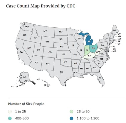 Mapa de recuento de casos proporcionado por los CDC