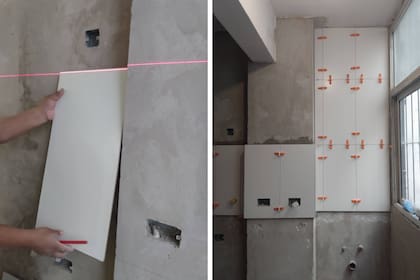 Cerámicos satinados y rectificados con una junta muy fina rellena con pastina blanca darán la apariencia de una superficie continua, similar a una pared pero mucho más práctica para la cocina.
