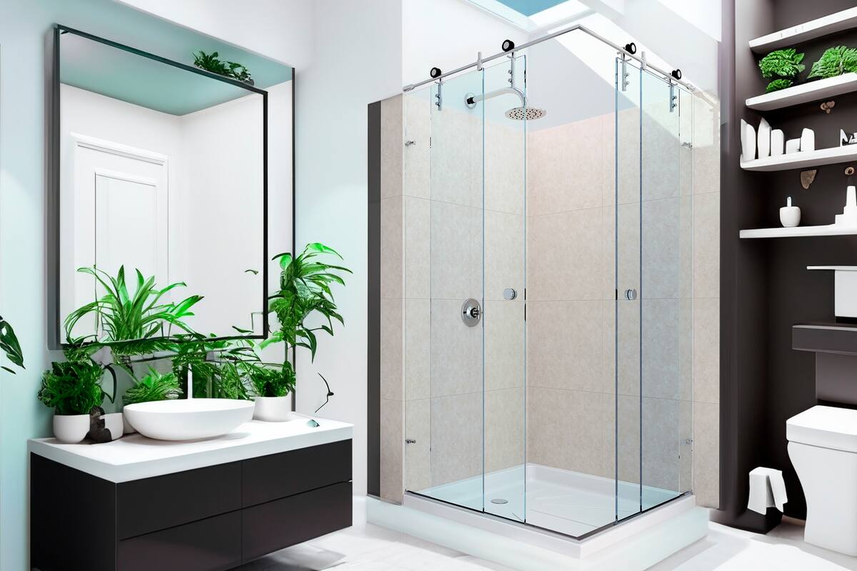 Cerramiento Steel Box, de Shawer, con dos paños fijos y dos deslizantes con cierre sobre esquina, en cristal templado de 8 a 10 milímetros y barandillas y rodamientos de acero inoxidable.