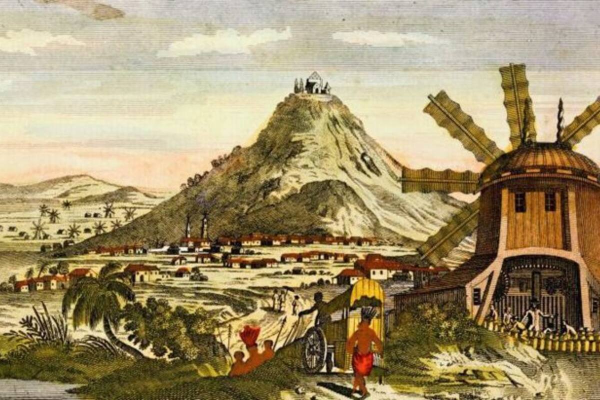 Cerro Rico, la ciudad de Potosí y un molino de estampado accionado por energía eólica para procesar mineral. Grabado hacia 1820.