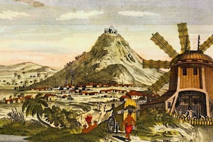 Cerro Rico, la ciudad de Potosí y un molino de estampado accionado por energía eólica para procesar mineral. Grabado hacia 1820.