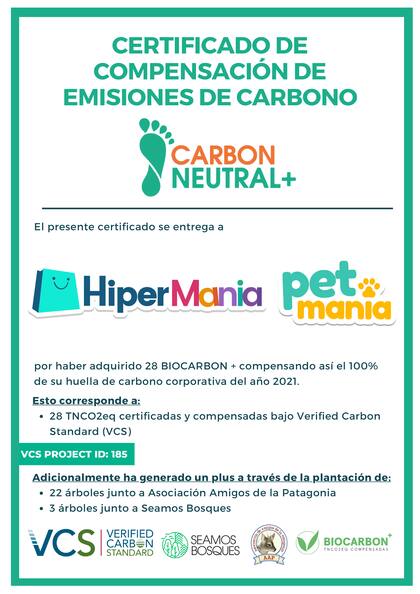 Certificado CARBON NEUTRAL+: incluye bonos de carbono VCS + árboles reforestados