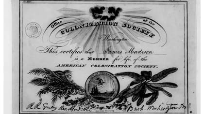 Certificado de membresía en la Sociedad Americana de Colonización: la organización fue creada en 1816 y estaba compuesta por hombres blancos, muchos de los cuales eran dueños de esclavos (Foto: LIBRARY OF CONGRESS)
