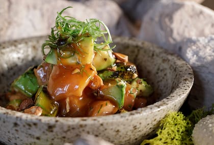 Ceviche Nikkei: salmón y palta torchada, macerados en salsa nikkei y acompañados por almendras tostadas y cilantro. La preparación combina suavidad, frescura y un contrapunto crocante.
