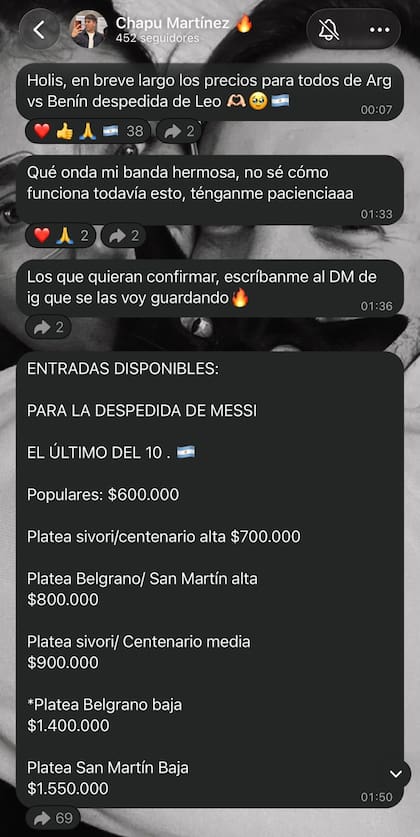 Chapu Martínez confirmó sus valores de reventa a través de su canal de difusión