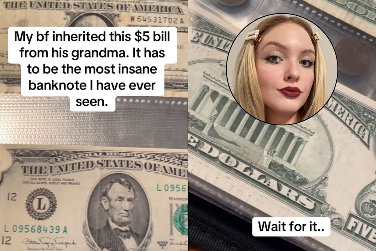 Charlotte Carroll enseñó en TikTok el extraño error de impresión que tiene el billete que heredó su novio (TikTok)