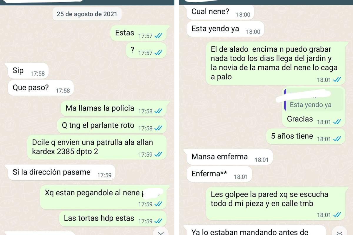 Chat entre la vecina de la casa donde vivía Lucio y su hermano, al que le pidió que llamara a la policía porque al nene lo estaban golpeando