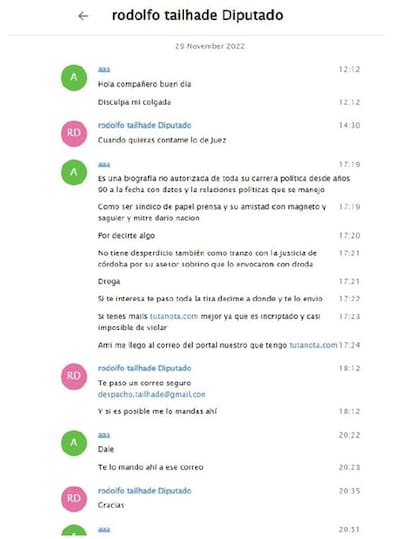 Chats entre Tailhade y Zanchetta, según el informe de la Dajudeco
