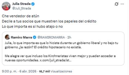 "Che vendedor de atún", escribió Strada en referencia a Marra, en el marco de la polémica por los créditos del BNA
