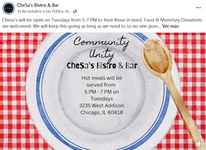 CheSa’s Bistro & Bar regalará comidas calientes todos los martes (Facebook/CheSa’s Bistro & Bar)