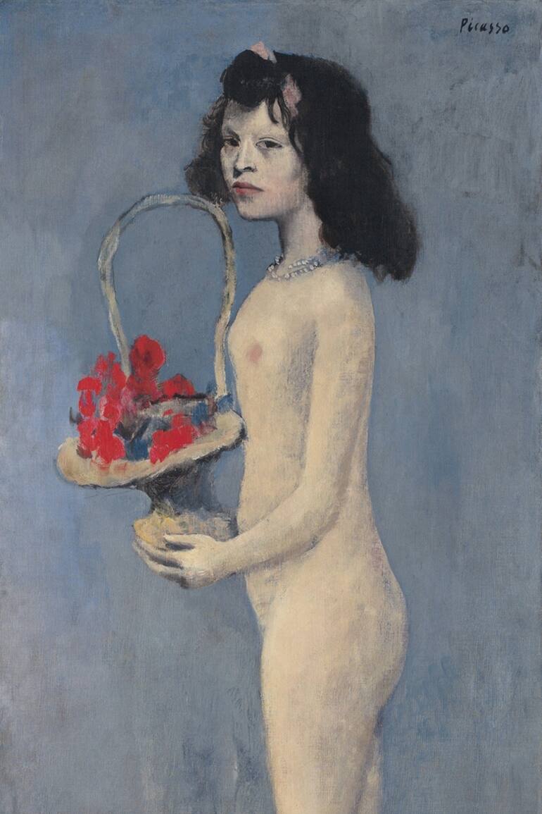 Chica con cesta de flores (1905), una pintura de Pablo Picasso de casi dos metros de alto (en la foto, detalle), se rematará con una base estimada entre 70 y 100 millones de dólares