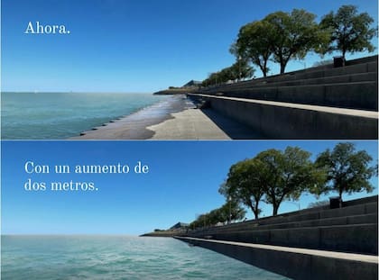 Chicago Waterfront, con el nivel actual del agua del Lago Michigan, comparado al eventual escenario de dos metros de aumento en el nivel del agua