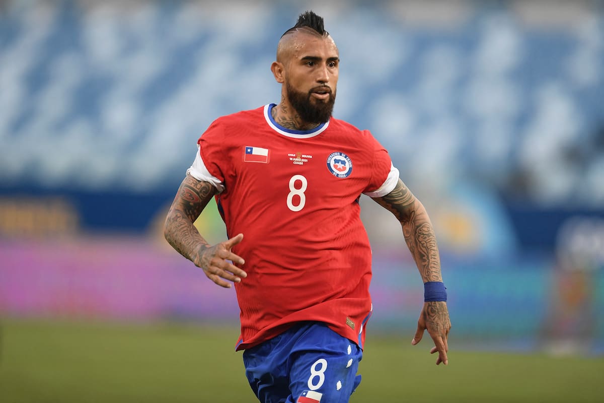 Chile's Arturo Vidal runs during the Conmebol Copa America 2021 football tournament group phase match against Bolivia at the Pantanal Arena in Cuiaba, Brazil, on June 18, 2021. (Photo by Douglas MAGNO / AFP)