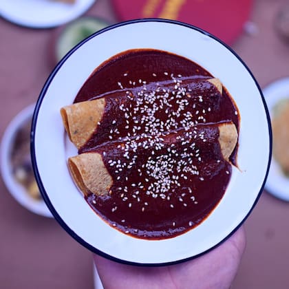 "Chiles secos, semillas de calabaza, maní, pasas de uva, chocolate amargo, canela, pimienta, tortilla, aceite de oliva, plátano macho, sésamo, almendras, canela, y otras cositas más" en Puro Maíz