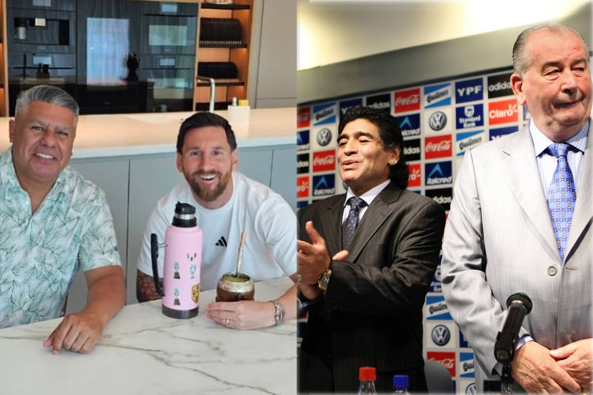 Chiqui Tapia con Lionel Messi, en una relación para las redes; al costado, Julio Grondona con Diego Maradona