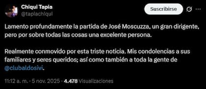 Chiqui Tapia, presidente de AFA, se solidarizó con la familia de Moscuzza