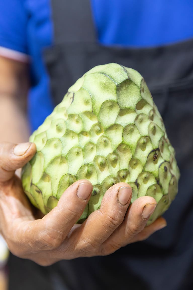 Chirimoya, con su característica piel de escamas protuberantes.