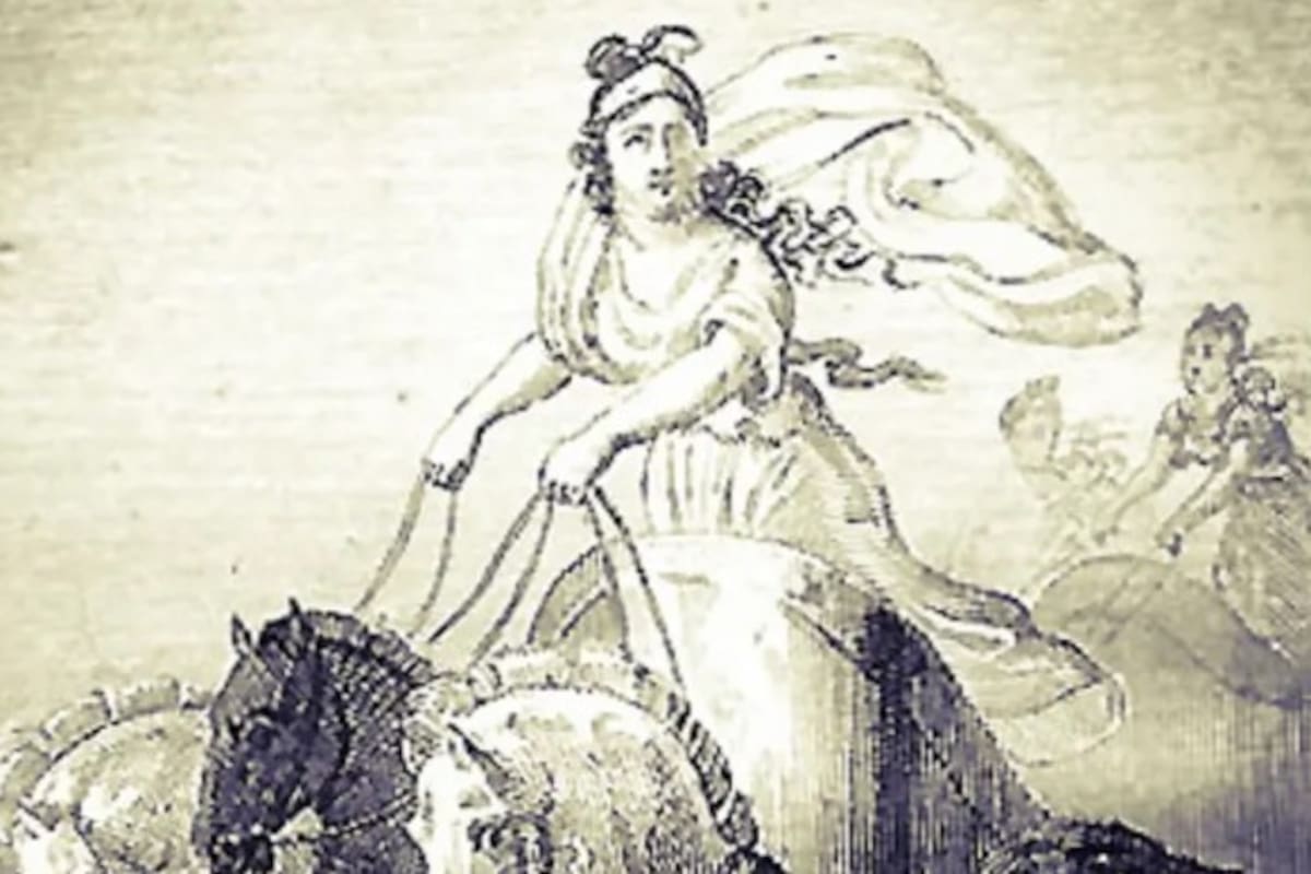 Cinisca gana el premio en la carrera de carros. De Mme. De Renneville, "Biografía de las mujeres ilustres de Roma, Grecia y el Bajo Imperio" (París: Chez Parmantier, Libraire, 1825).