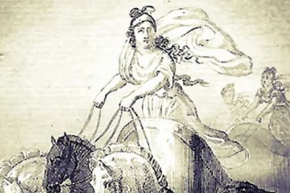 Cinisca gana el premio en la carrera de carros. De Mme. De Renneville, "Biografía de las mujeres ilustres de Roma, Grecia y el Bajo Imperio" (París: Chez Parmantier, Libraire, 1825).