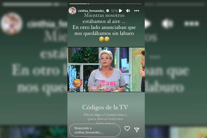 Cinthia Fernández hizo un descargo en redes sociales acerca de cómo se enteró que el ciclo del que formaba aparte llegó a su fin (Captura Instagram @cinthia_fernandez_)