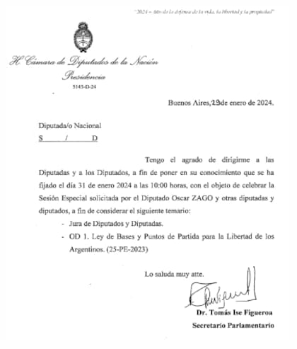 Citación oficial de la Cámara de Diputados para tratar la Ley Ómnibus este miércoles 31
